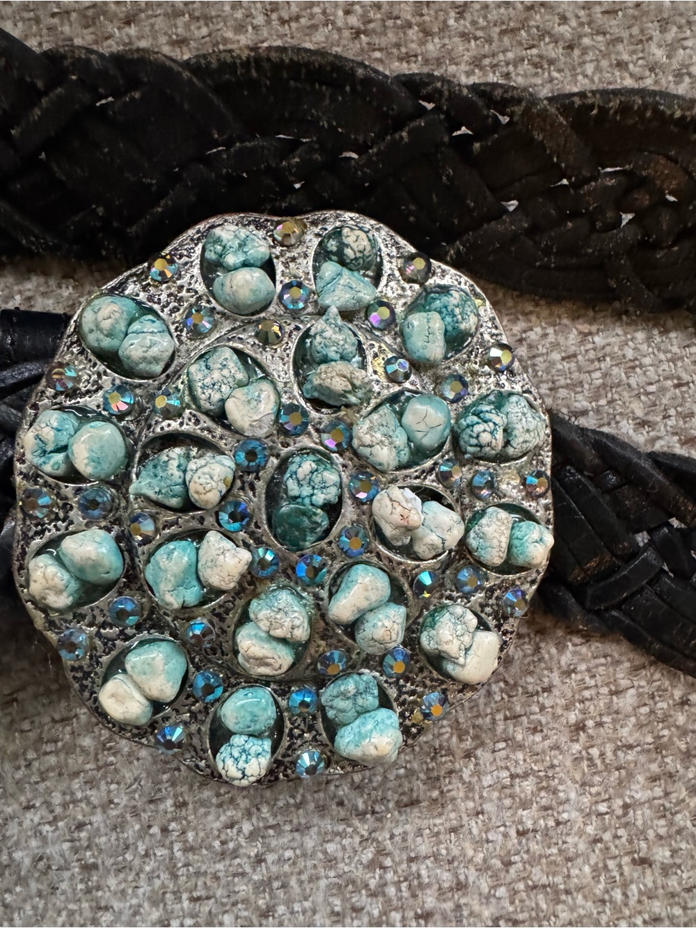 Vintage Leatherock M34 Black Braided Leather Turquoise Stone Belt 5584 USA